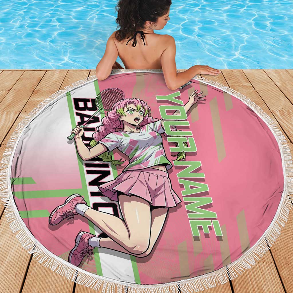 Personalized Mitsuri Kanroji Demon Slayer Badminton Beach Blanket with Racket Action Pose and Pink Green Graphic Design - The Mazicc