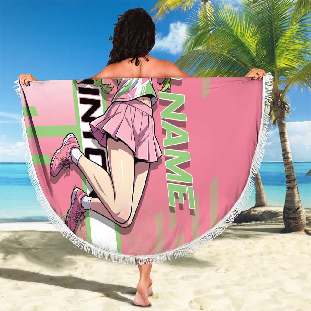 Personalized Mitsuri Kanroji Demon Slayer Badminton Beach Blanket with Racket Action Pose and Pink Green Graphic Design - The Mazicc