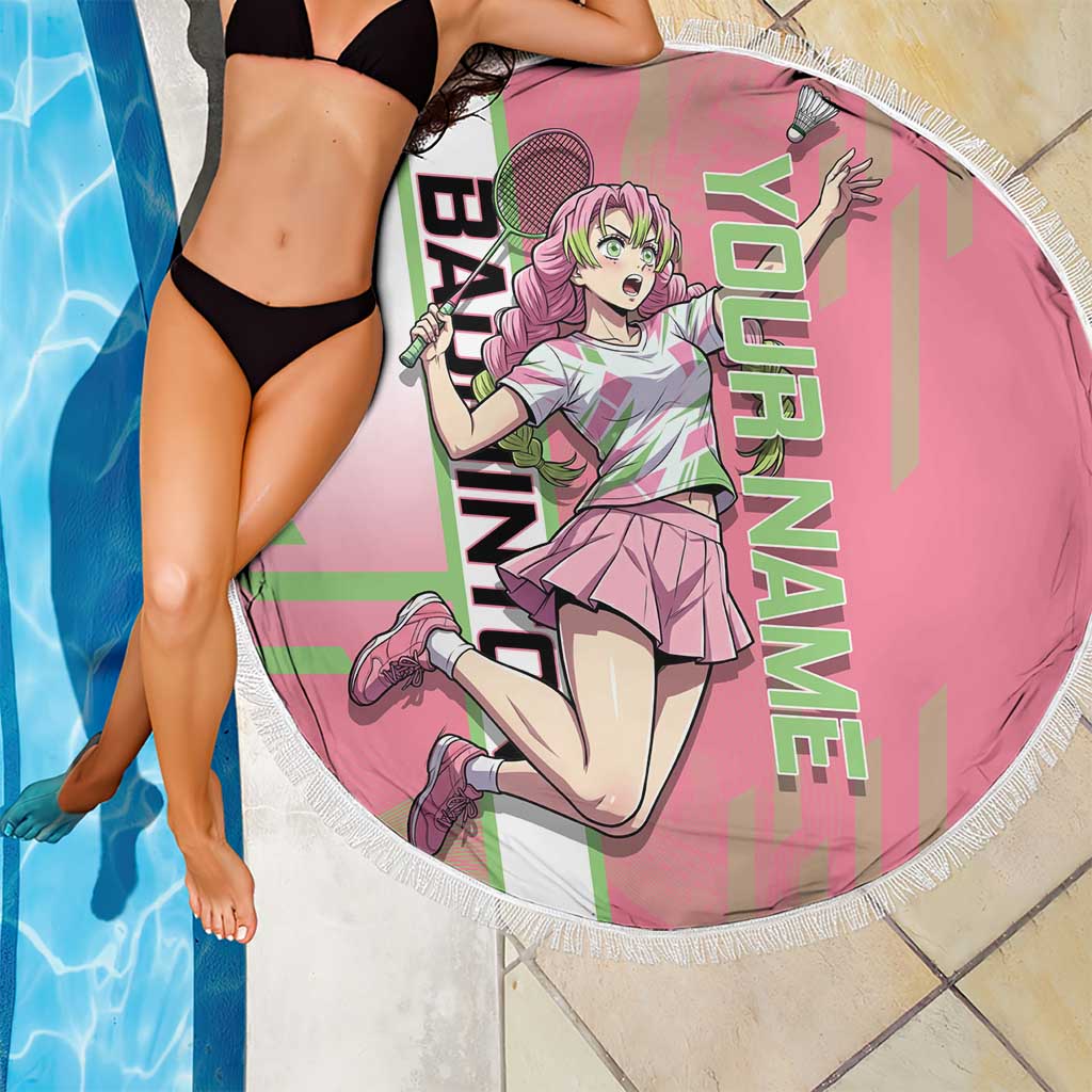 Personalized Mitsuri Kanroji Demon Slayer Badminton Beach Blanket with Racket Action Pose and Pink Green Graphic Design - The Mazicc