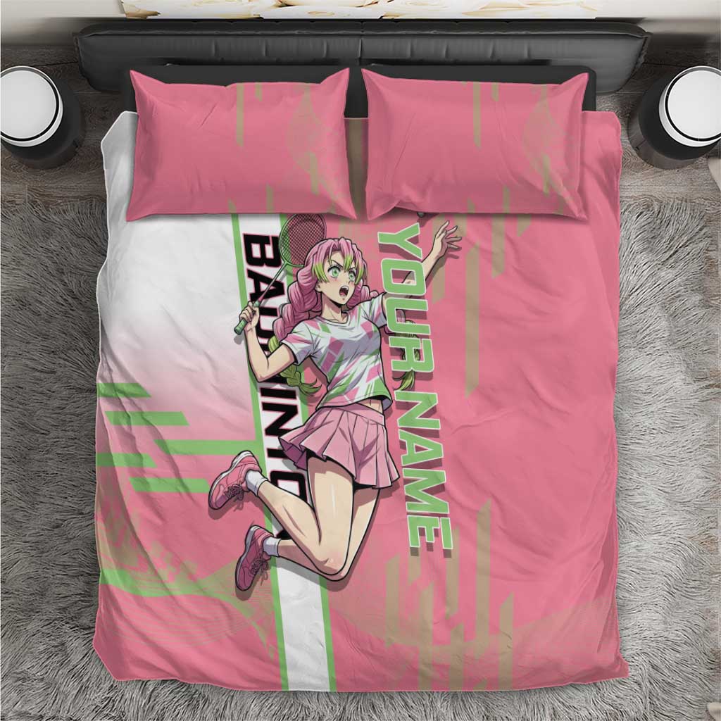 Personalized Mitsuri Kanroji Demon Slayer Badminton Bedding Set with Racket Action Pose and Pink Green Graphic Design - The Mazicc