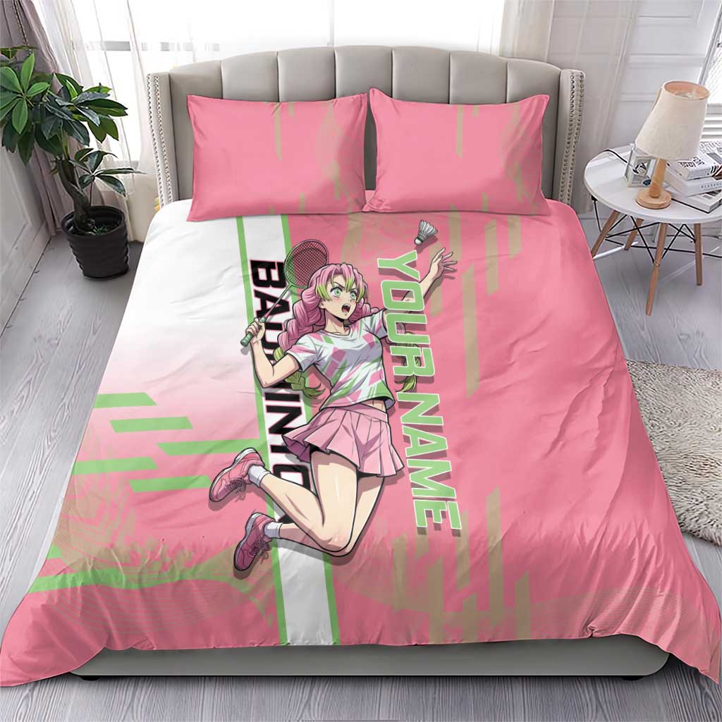 Personalized Mitsuri Kanroji Demon Slayer Badminton Bedding Set with Racket Action Pose and Pink Green Graphic Design - The Mazicc