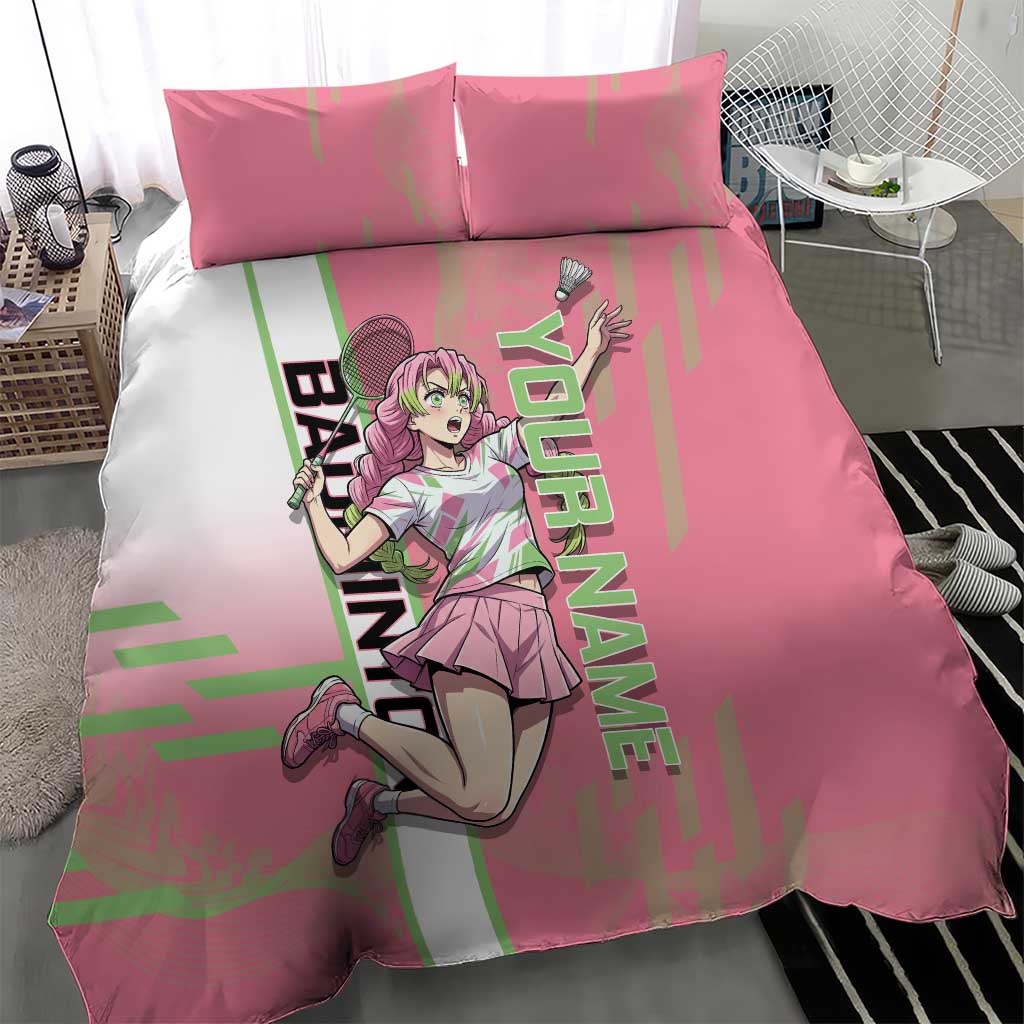 Personalized Mitsuri Kanroji Demon Slayer Badminton Bedding Set with Racket Action Pose and Pink Green Graphic Design - The Mazicc