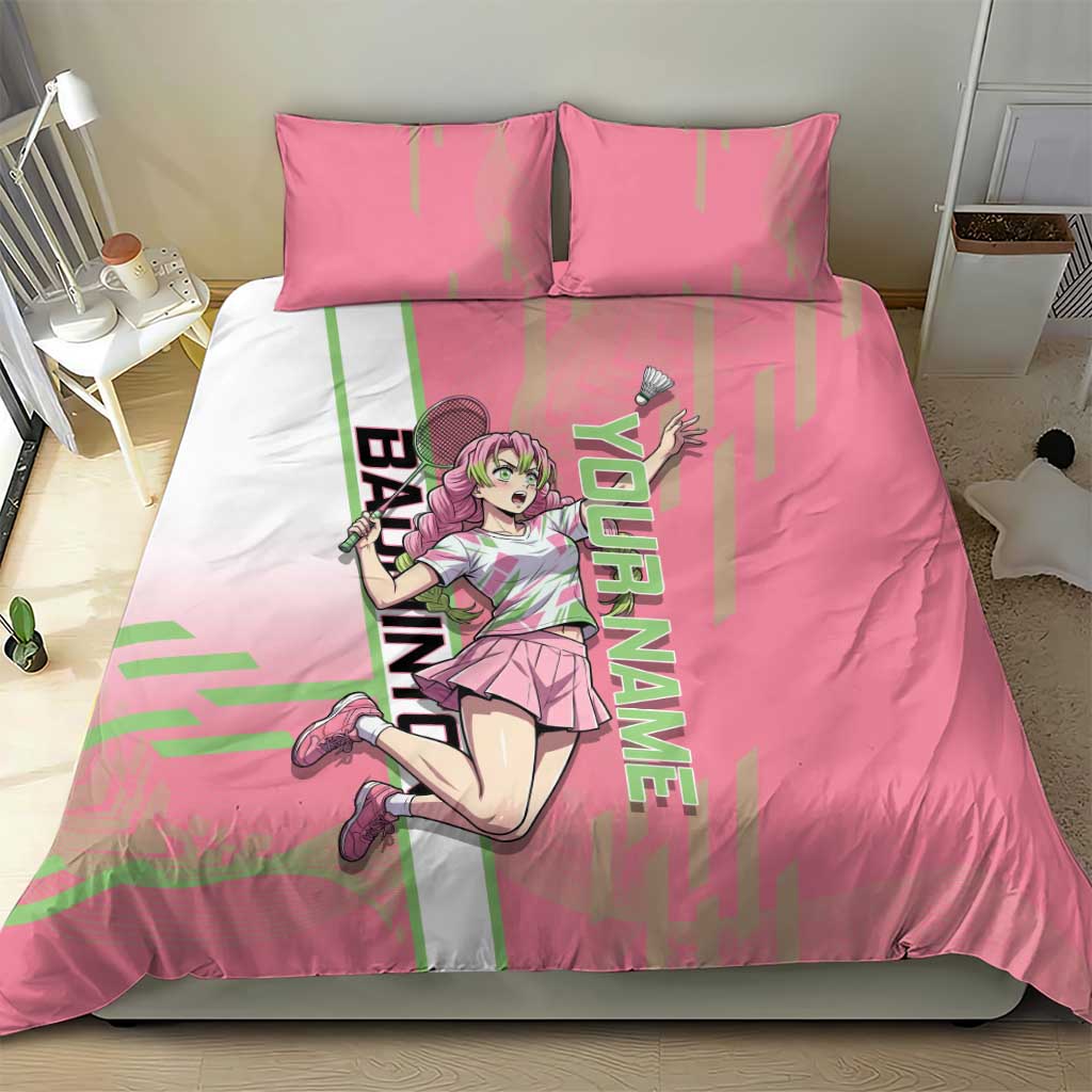 Personalized Mitsuri Kanroji Demon Slayer Badminton Bedding Set with Racket Action Pose and Pink Green Graphic Design - The Mazicc