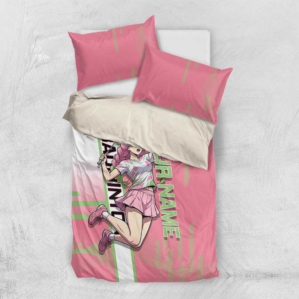 Personalized Mitsuri Kanroji Demon Slayer Badminton Bedding Set with Racket Action Pose and Pink Green Graphic Design - The Mazicc