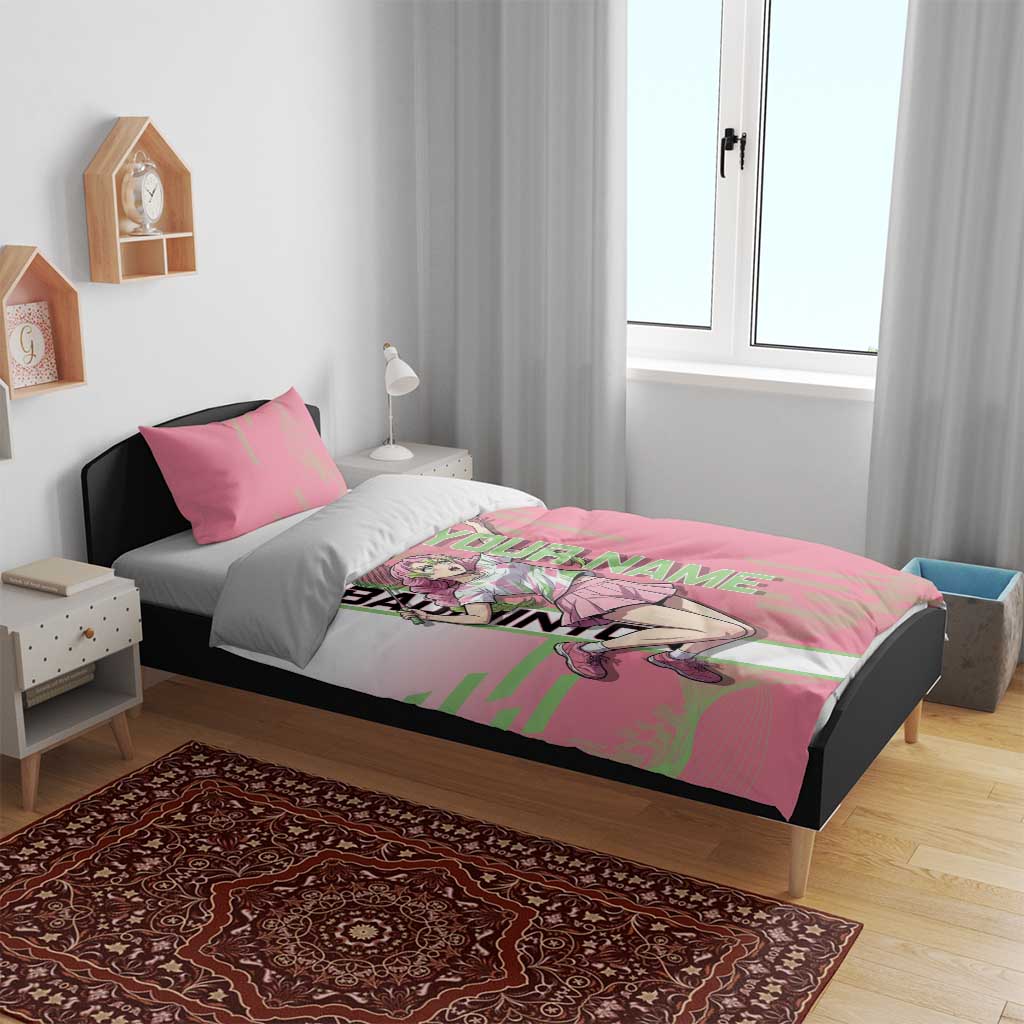 Personalized Mitsuri Kanroji Demon Slayer Badminton Bedding Set with Racket Action Pose and Pink Green Graphic Design - The Mazicc