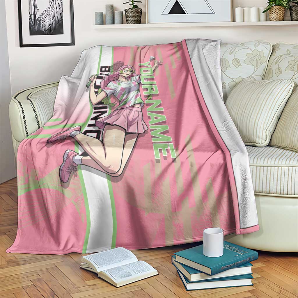 Personalized Mitsuri Kanroji Demon Slayer Badminton Blanket with Racket Action Pose and Pink Green Graphic Design - The Mazicc