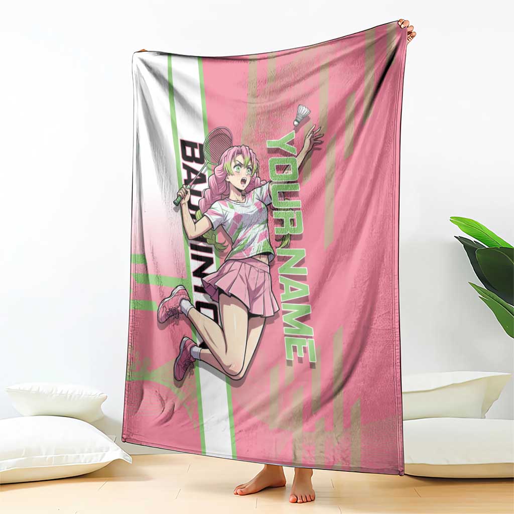 Personalized Mitsuri Kanroji Demon Slayer Badminton Blanket with Racket Action Pose and Pink Green Graphic Design - The Mazicc