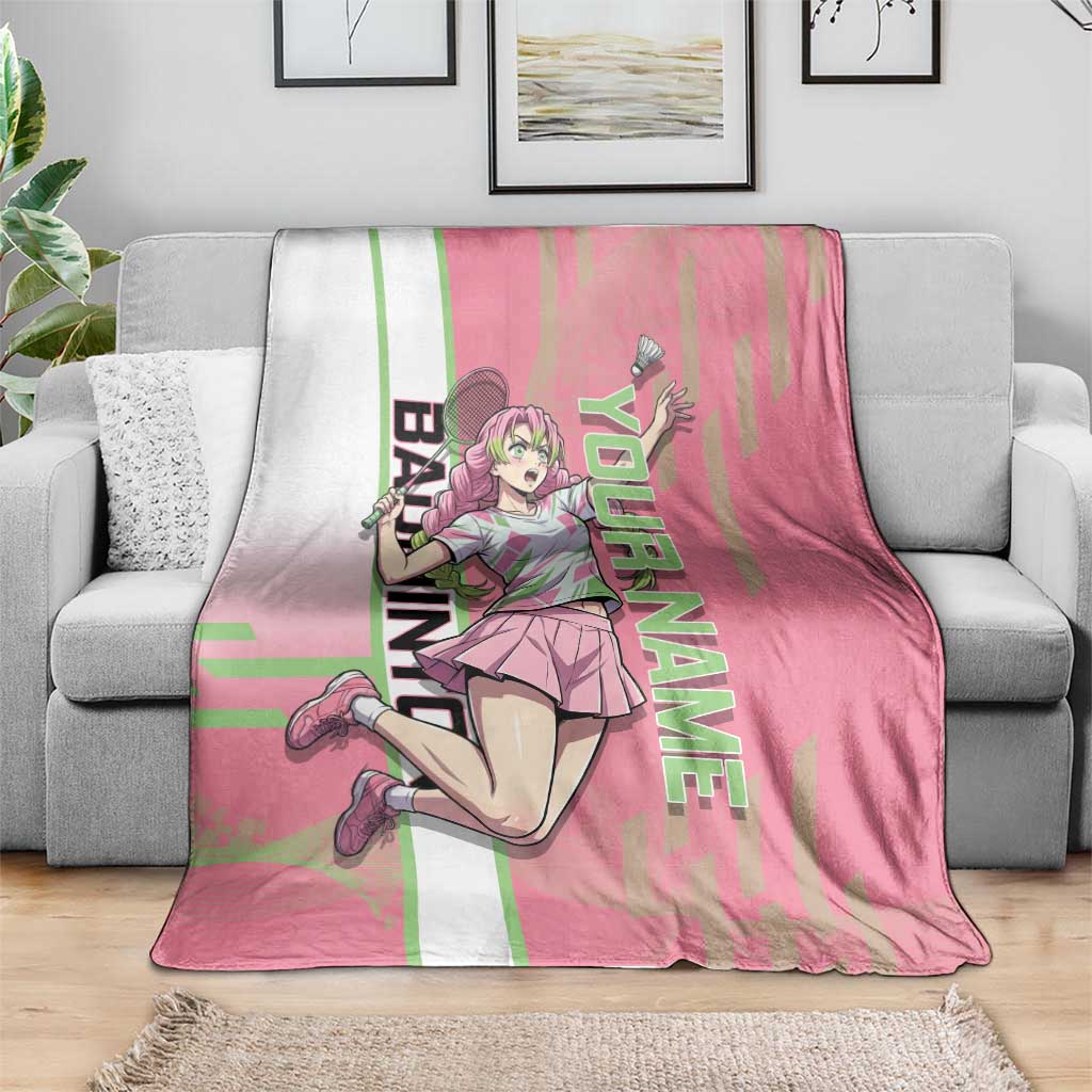 Personalized Mitsuri Kanroji Demon Slayer Badminton Blanket with Racket Action Pose and Pink Green Graphic Design - The Mazicc