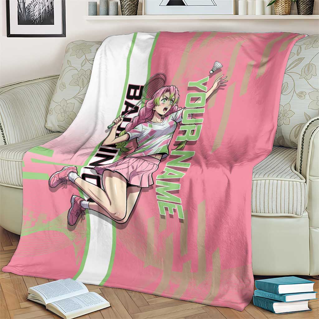 Personalized Mitsuri Kanroji Demon Slayer Badminton Blanket with Racket Action Pose and Pink Green Graphic Design - The Mazicc