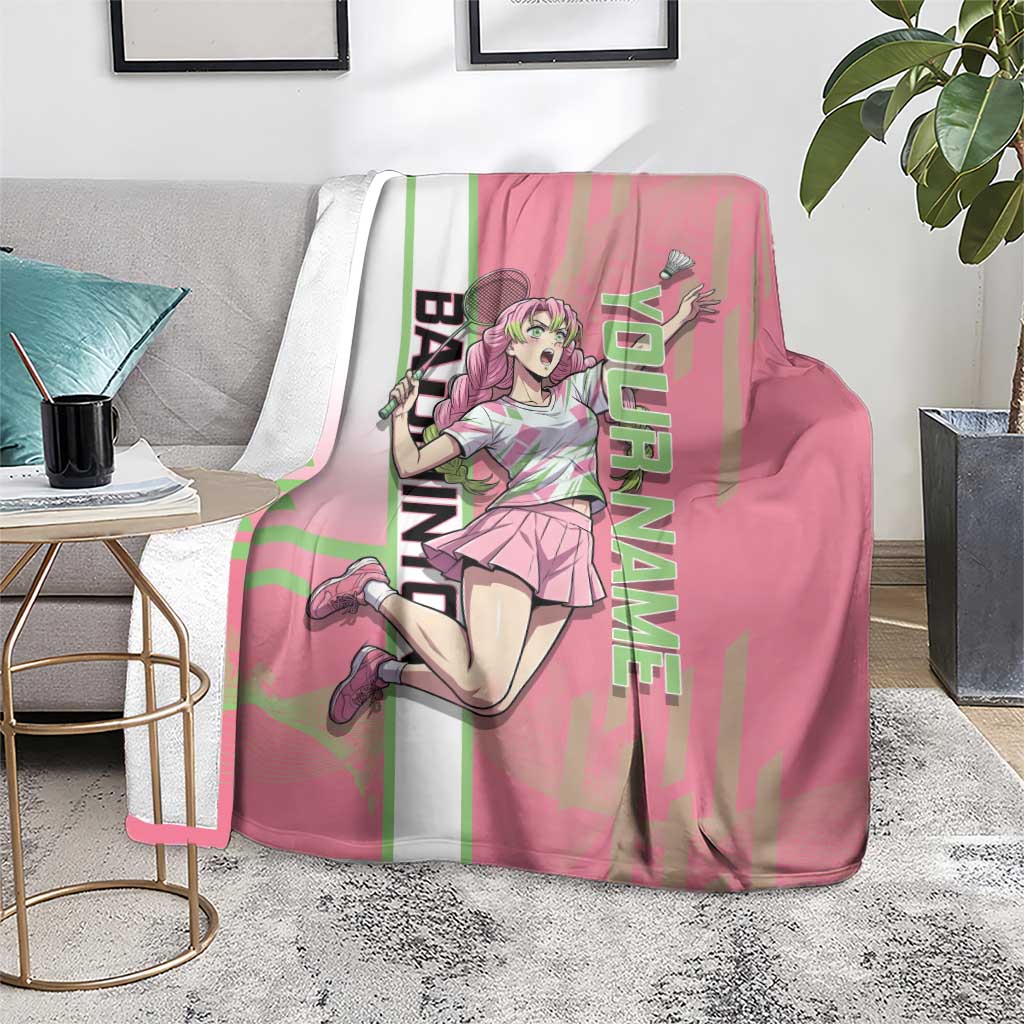 Personalized Mitsuri Kanroji Demon Slayer Badminton Blanket with Racket Action Pose and Pink Green Graphic Design - The Mazicc