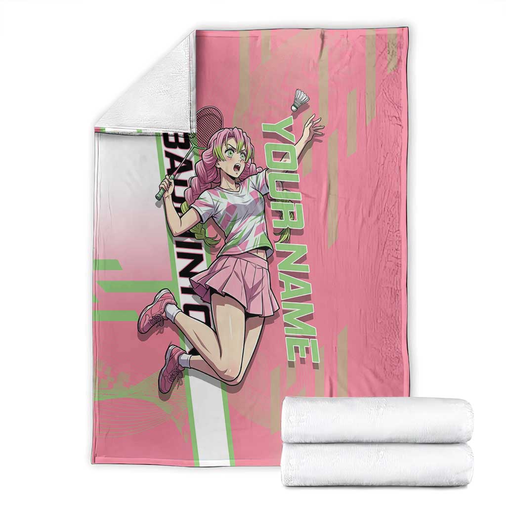 Personalized Mitsuri Kanroji Demon Slayer Badminton Blanket with Racket Action Pose and Pink Green Graphic Design - The Mazicc