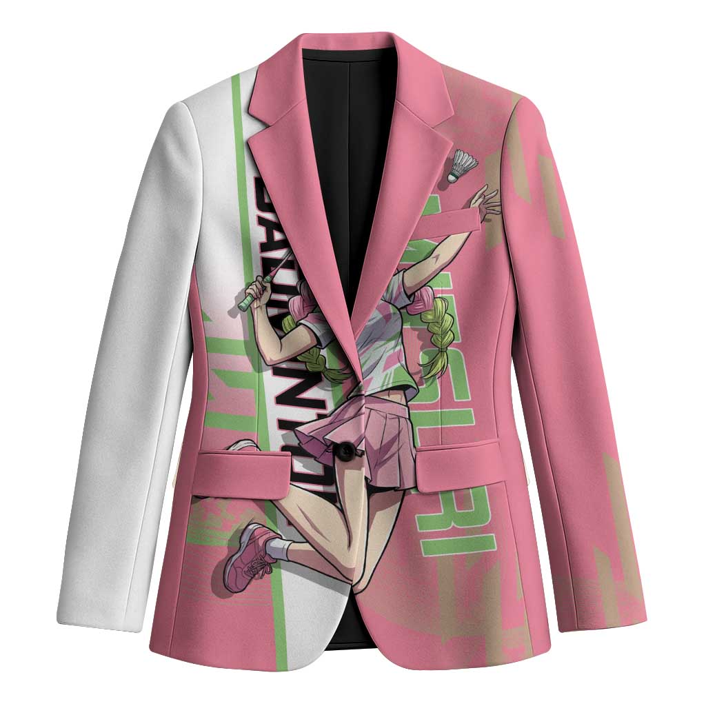 Personalized Mitsuri Kanroji Demon Slayer Badminton Blazer with Racket Action Pose and Pink Green Graphic Design - The Mazicc