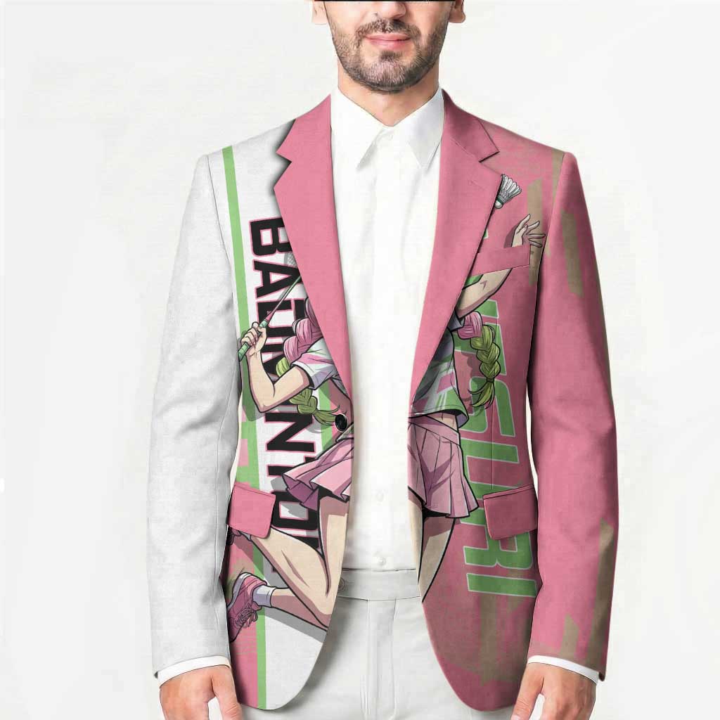 Personalized Mitsuri Kanroji Demon Slayer Badminton Blazer with Racket Action Pose and Pink Green Graphic Design - The Mazicc