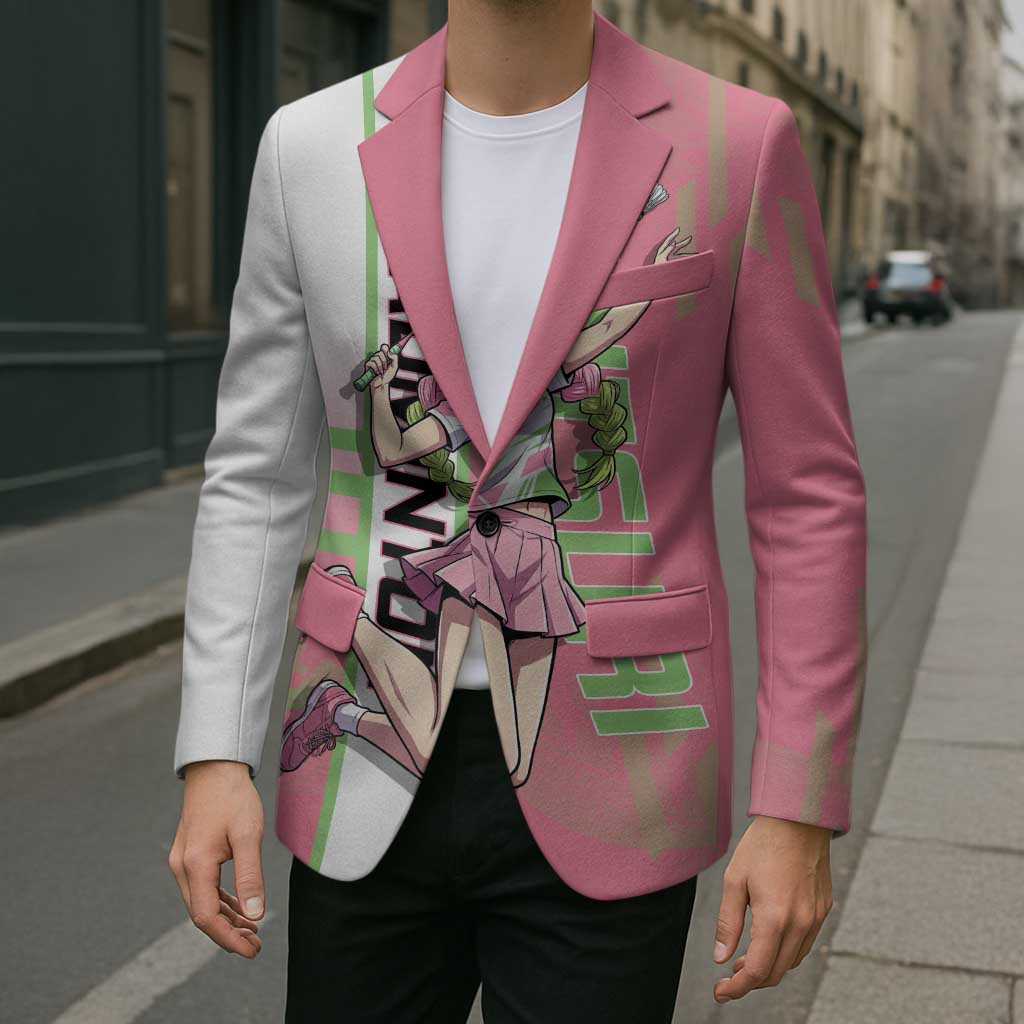 Personalized Mitsuri Kanroji Demon Slayer Badminton Blazer with Racket Action Pose and Pink Green Graphic Design - The Mazicc
