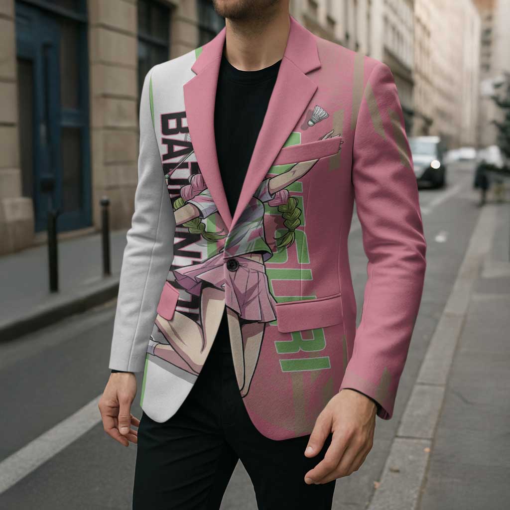 Personalized Mitsuri Kanroji Demon Slayer Badminton Blazer with Racket Action Pose and Pink Green Graphic Design - The Mazicc