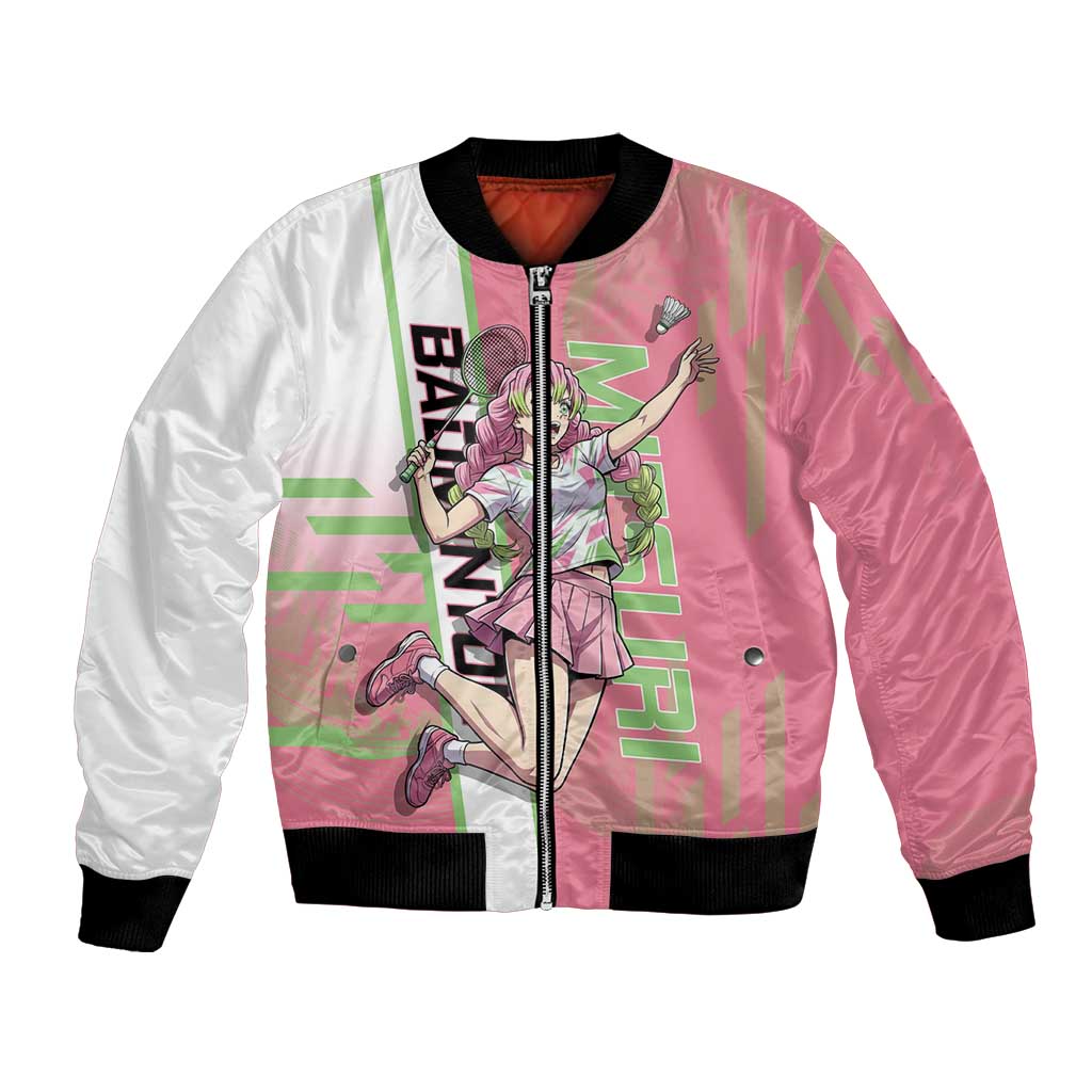 Personalized Mitsuri Kanroji Demon Slayer Badminton Bomber Jacket with Racket Action Pose and Pink Green Graphic Design - The Mazicc