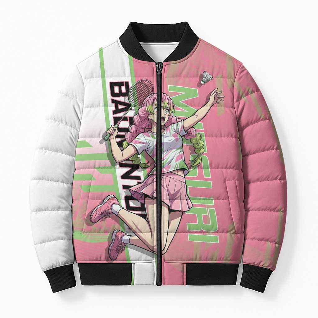 Personalized Mitsuri Kanroji Demon Slayer Badminton Bomber Puffer Jacket with Racket Action Pose and Pink Green Graphic Design - The Mazicc