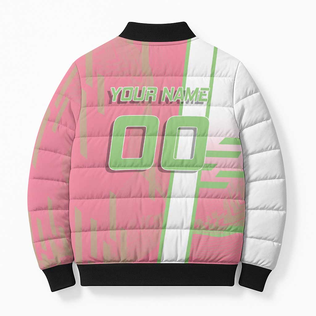 Personalized Mitsuri Kanroji Demon Slayer Badminton Bomber Puffer Jacket with Racket Action Pose and Pink Green Graphic Design - The Mazicc