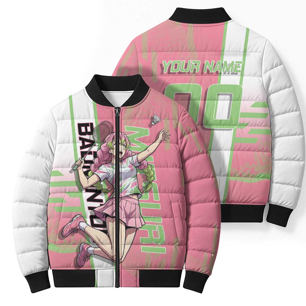 Personalized Mitsuri Kanroji Demon Slayer Badminton Bomber Puffer Jacket with Racket Action Pose and Pink Green Graphic Design - The Mazicc