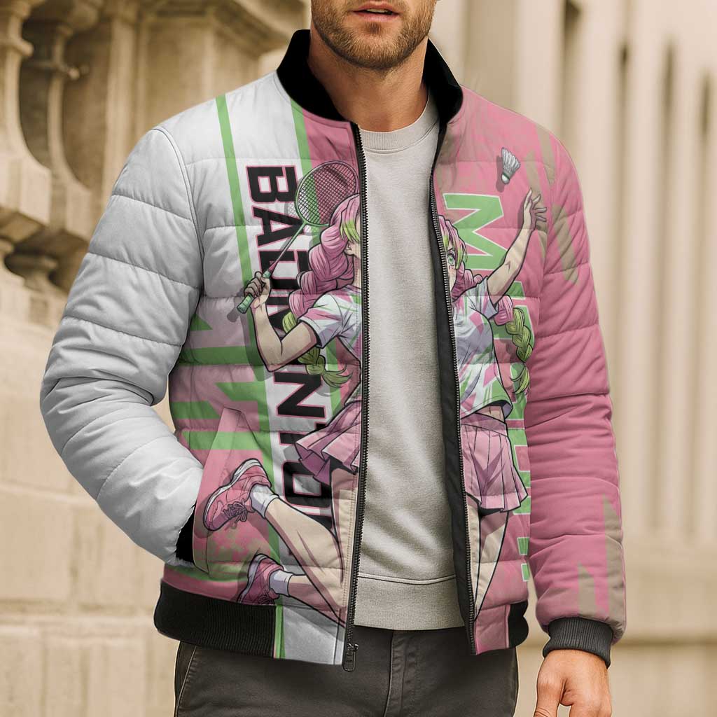 Personalized Mitsuri Kanroji Demon Slayer Badminton Bomber Puffer Jacket with Racket Action Pose and Pink Green Graphic Design - The Mazicc
