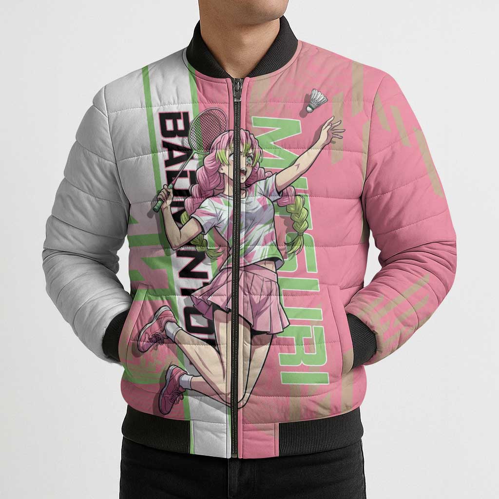 Personalized Mitsuri Kanroji Demon Slayer Badminton Bomber Puffer Jacket with Racket Action Pose and Pink Green Graphic Design - The Mazicc