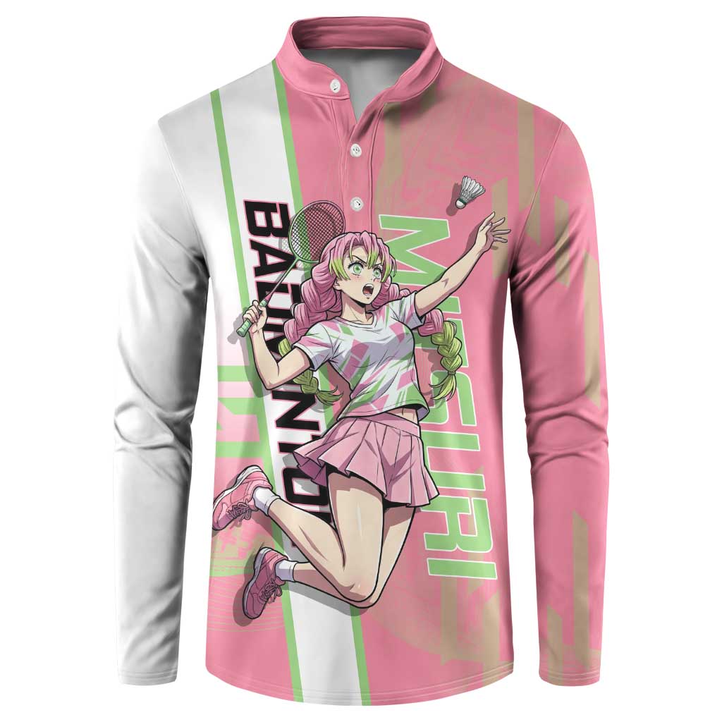 Personalized Mitsuri Kanroji Demon Slayer Badminton Button Sweatshirt with Racket Action Pose and Pink Green Graphic Design - The Mazicc