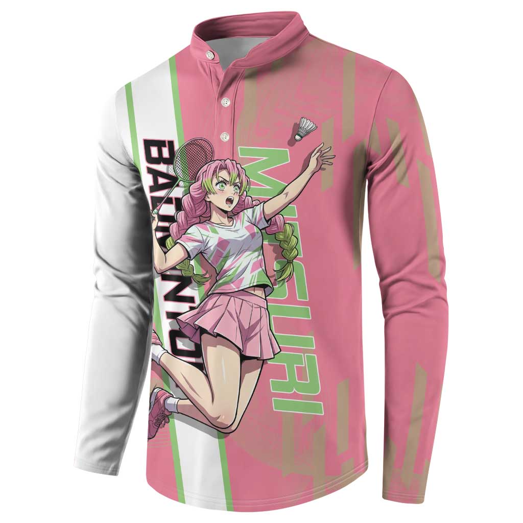 Personalized Mitsuri Kanroji Demon Slayer Badminton Button Sweatshirt with Racket Action Pose and Pink Green Graphic Design - The Mazicc