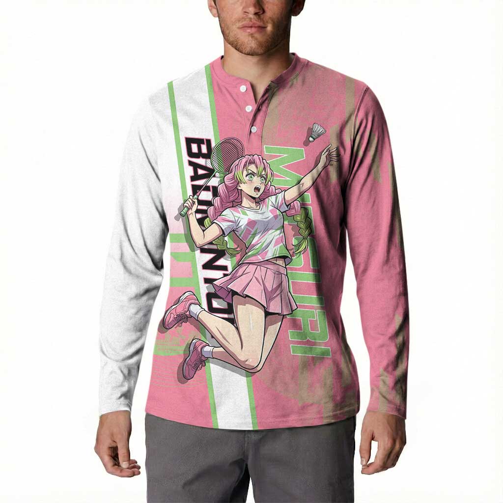 Personalized Mitsuri Kanroji Demon Slayer Badminton Button Sweatshirt with Racket Action Pose and Pink Green Graphic Design - The Mazicc