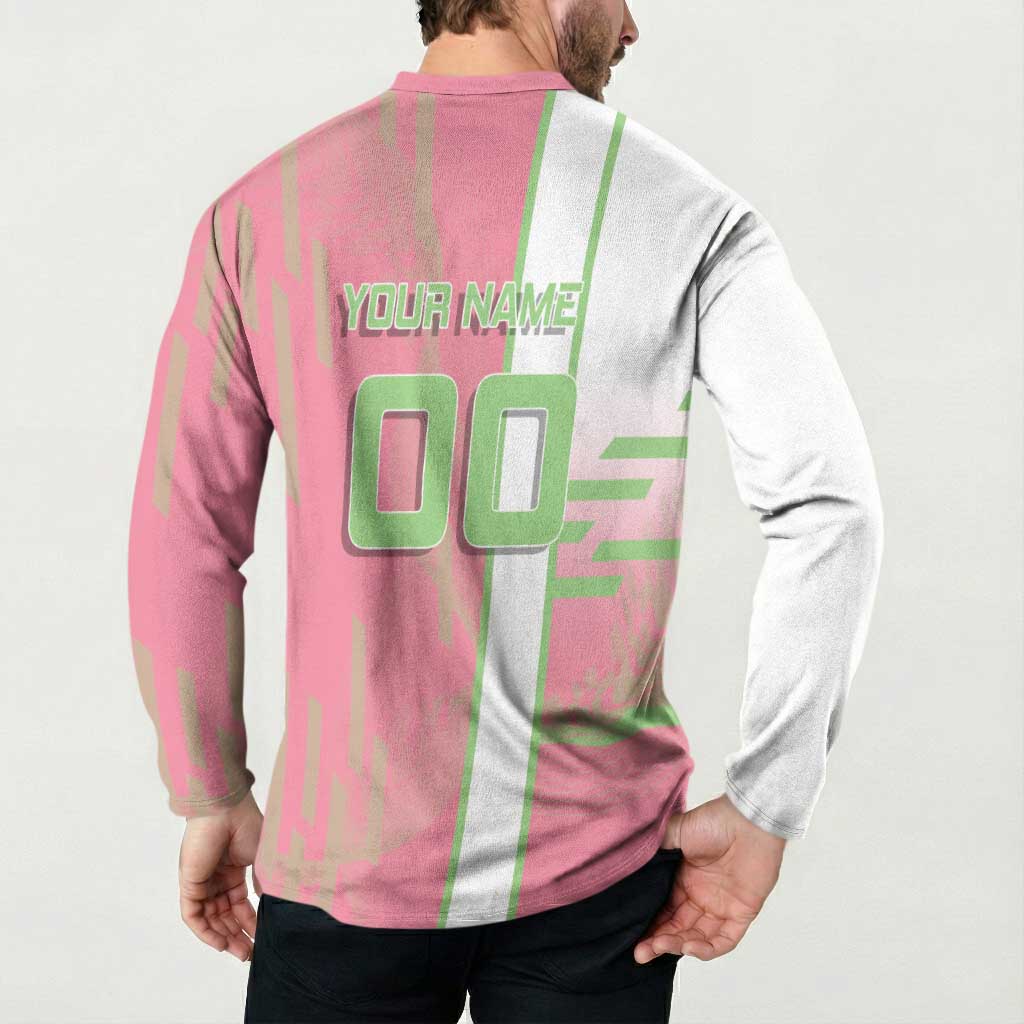 Personalized Mitsuri Kanroji Demon Slayer Badminton Button Sweatshirt with Racket Action Pose and Pink Green Graphic Design - The Mazicc