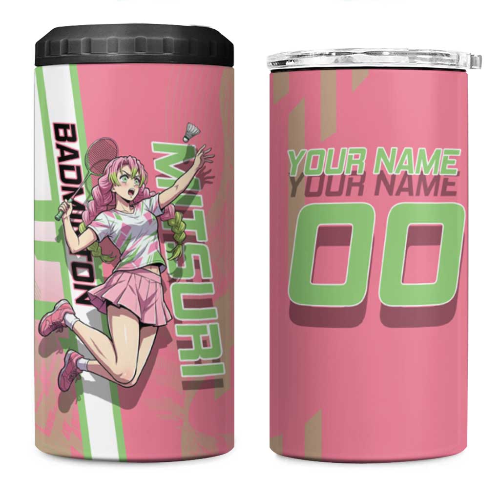 Personalized Mitsuri Kanroji Demon Slayer Badminton 4 in 1 Can Cooler Tumbler with Racket Action Pose and Pink Green Graphic Design - The Mazicc