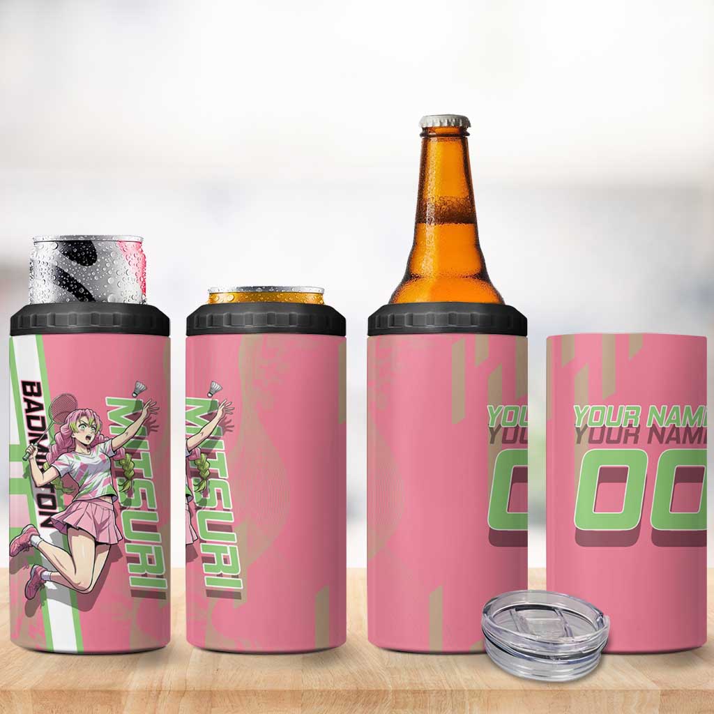 Personalized Mitsuri Kanroji Demon Slayer Badminton 4 in 1 Can Cooler Tumbler with Racket Action Pose and Pink Green Graphic Design - The Mazicc