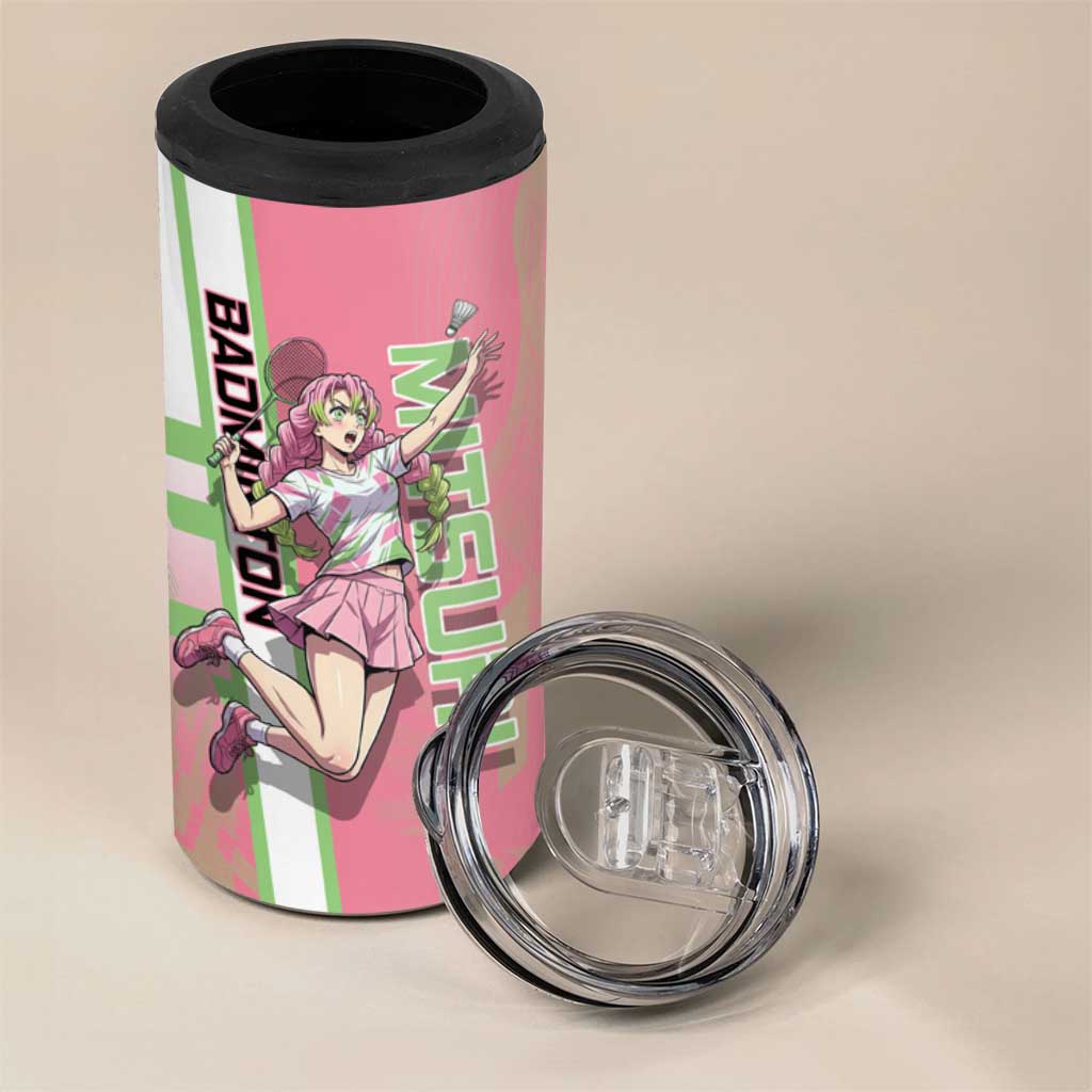 Personalized Mitsuri Kanroji Demon Slayer Badminton 4 in 1 Can Cooler Tumbler with Racket Action Pose and Pink Green Graphic Design - The Mazicc