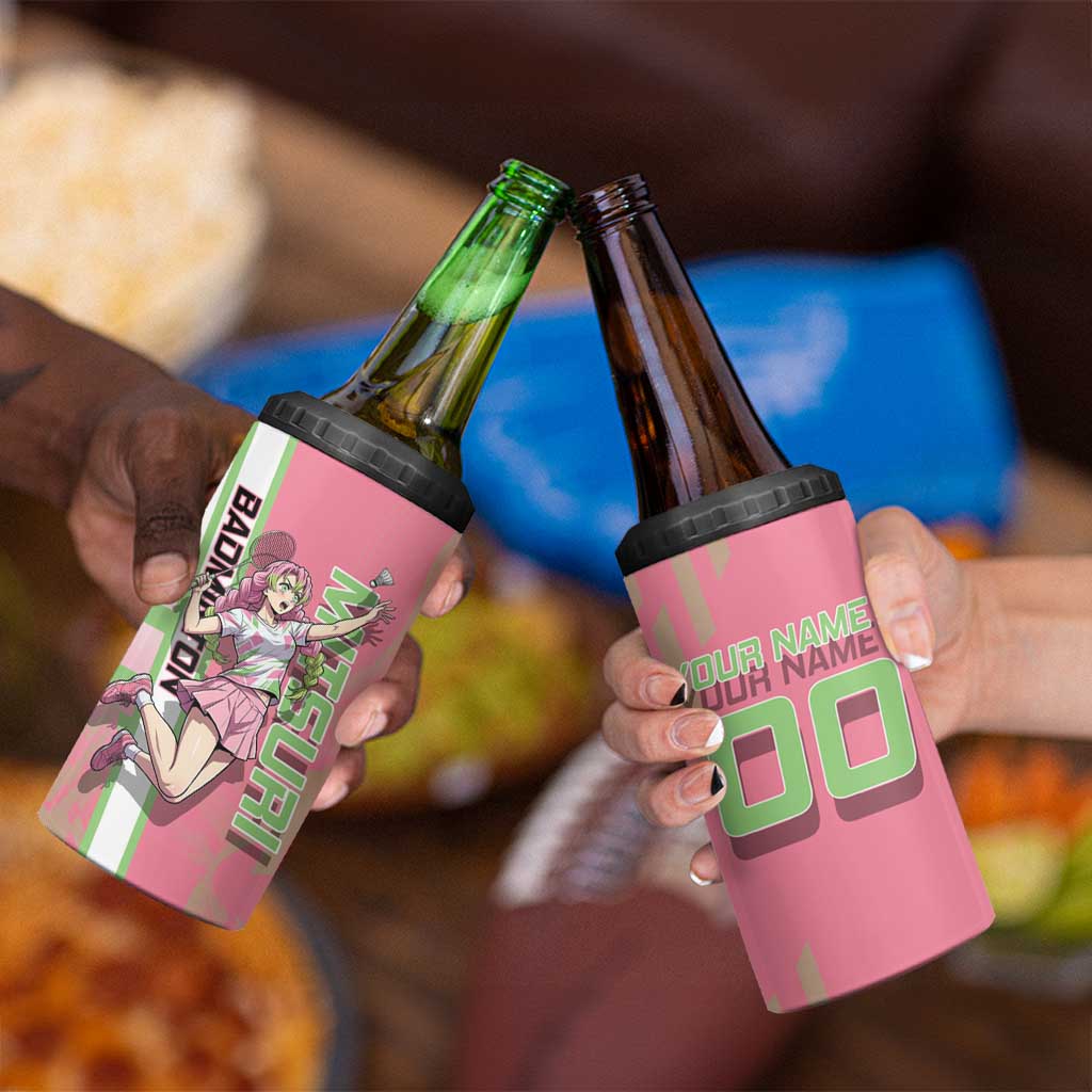 Personalized Mitsuri Kanroji Demon Slayer Badminton 4 in 1 Can Cooler Tumbler with Racket Action Pose and Pink Green Graphic Design - The Mazicc