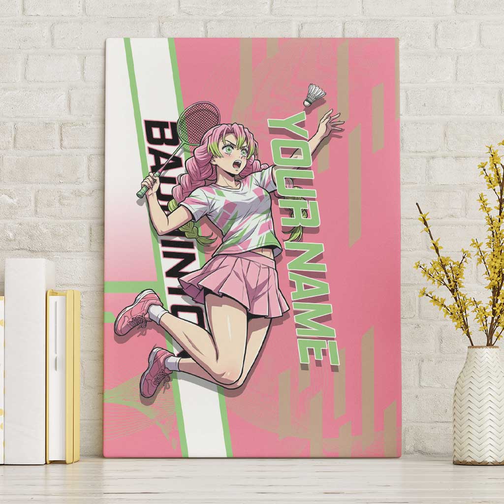 Personalized Mitsuri Kanroji Demon Slayer Badminton Canvas Wall Art with Racket Action Pose and Pink Green Graphic Design - The Mazicc