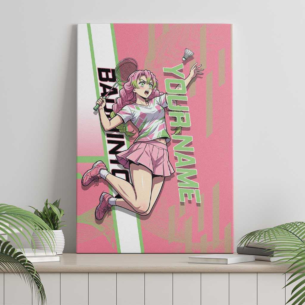 Personalized Mitsuri Kanroji Demon Slayer Badminton Canvas Wall Art with Racket Action Pose and Pink Green Graphic Design - The Mazicc