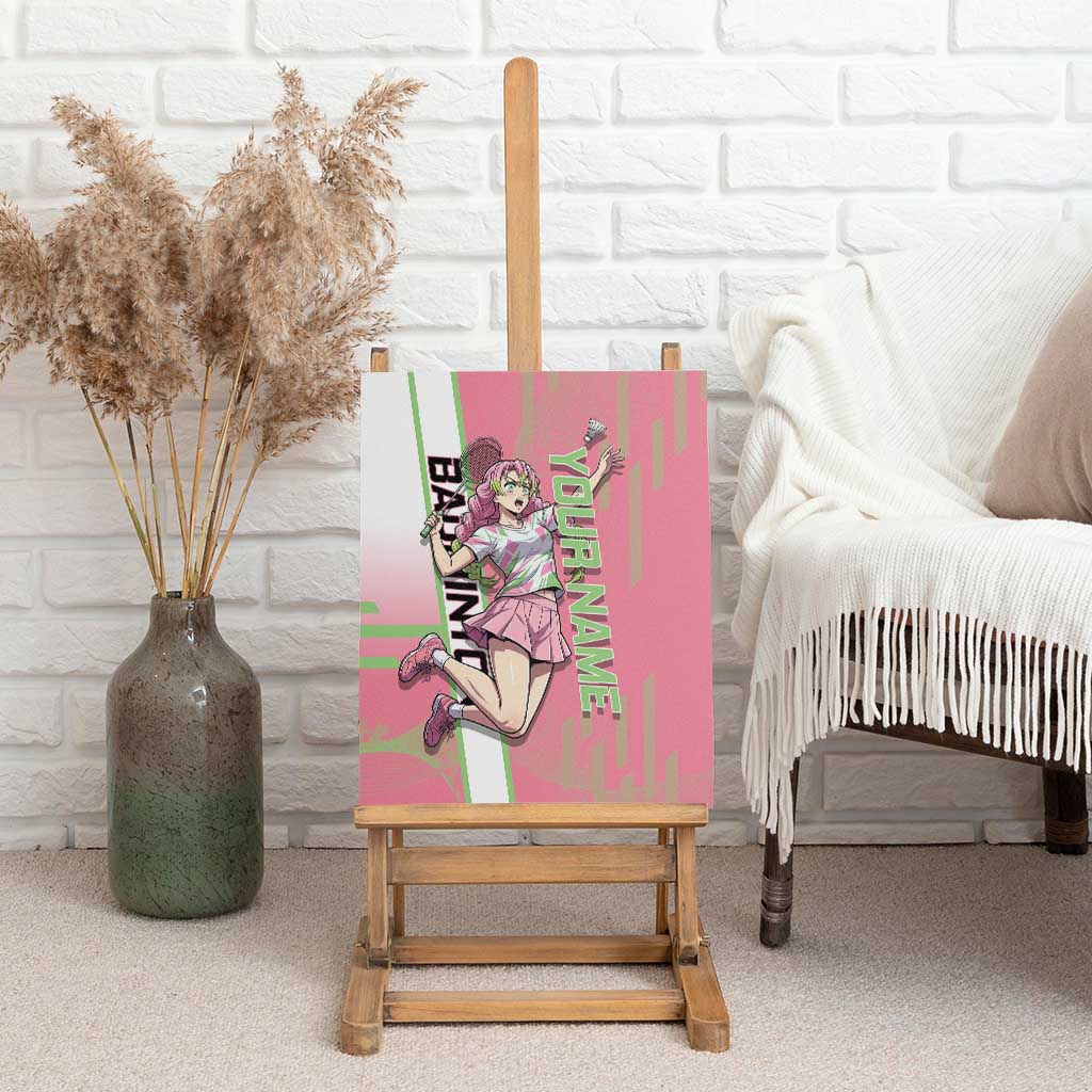 Personalized Mitsuri Kanroji Demon Slayer Badminton Canvas Wall Art with Racket Action Pose and Pink Green Graphic Design - The Mazicc