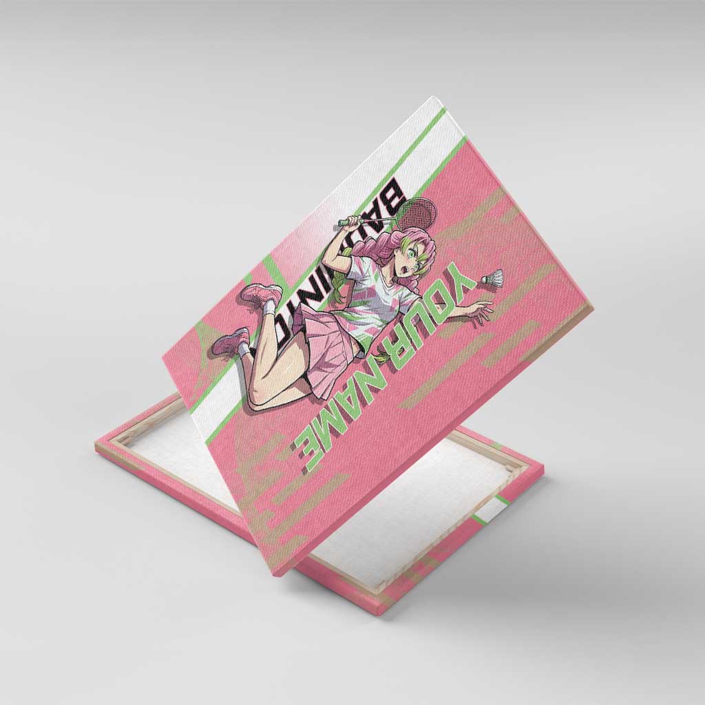 Personalized Mitsuri Kanroji Demon Slayer Badminton Canvas Wall Art with Racket Action Pose and Pink Green Graphic Design - The Mazicc