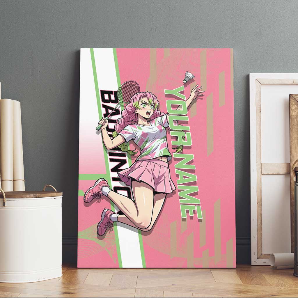 Personalized Mitsuri Kanroji Demon Slayer Badminton Canvas Wall Art with Racket Action Pose and Pink Green Graphic Design - The Mazicc