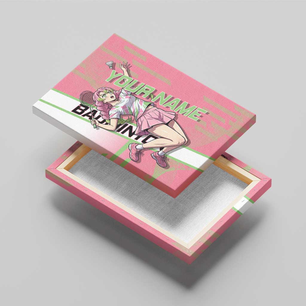 Personalized Mitsuri Kanroji Demon Slayer Badminton Canvas Wall Art with Racket Action Pose and Pink Green Graphic Design - The Mazicc
