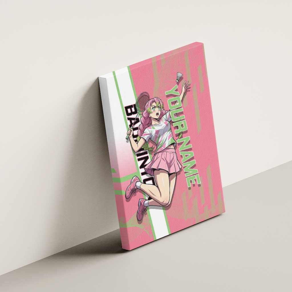 Personalized Mitsuri Kanroji Demon Slayer Badminton Canvas Wall Art with Racket Action Pose and Pink Green Graphic Design - The Mazicc