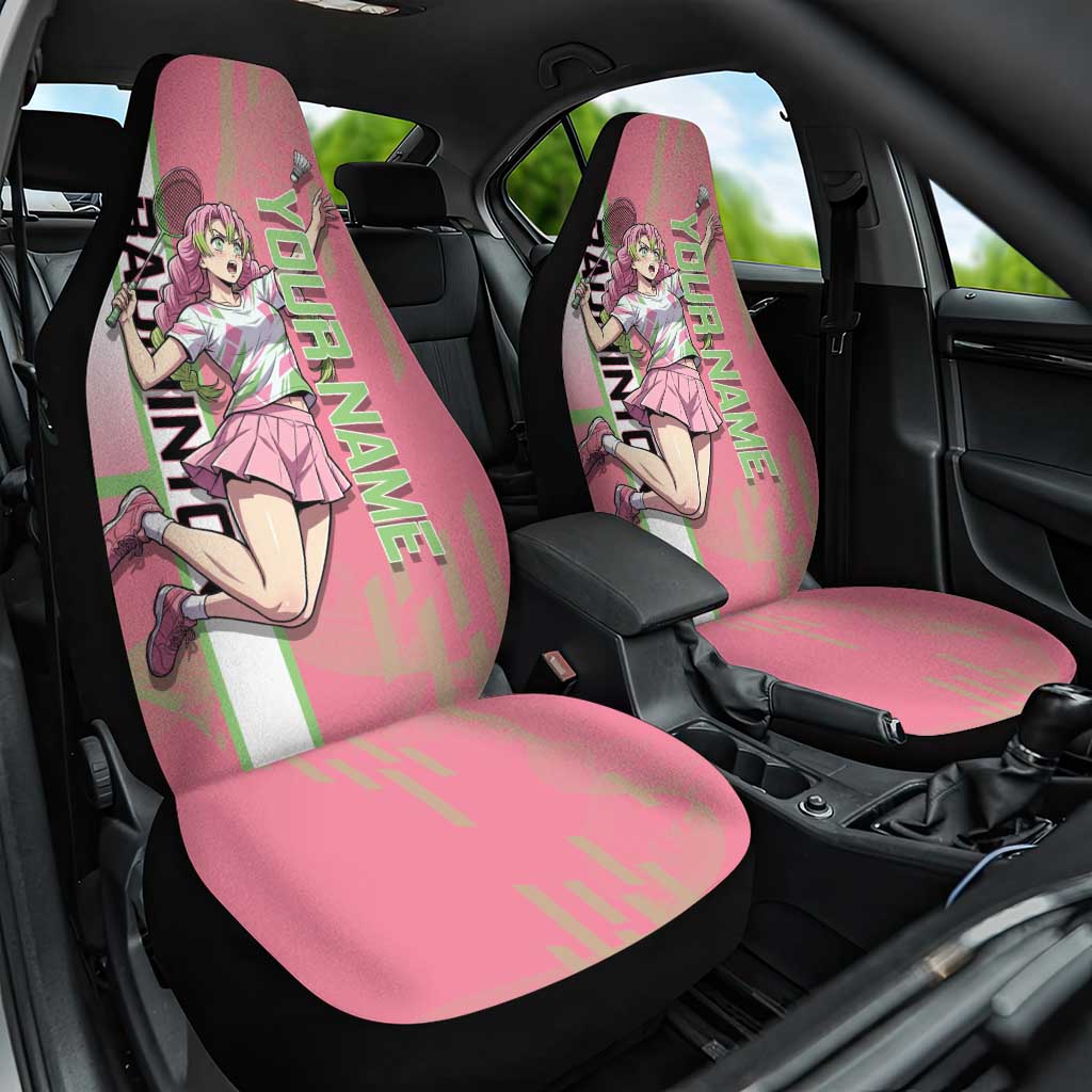 Personalized Mitsuri Kanroji Demon Slayer Badminton Car Seat Cover with Racket Action Pose and Pink Green Graphic Design - The Mazicc