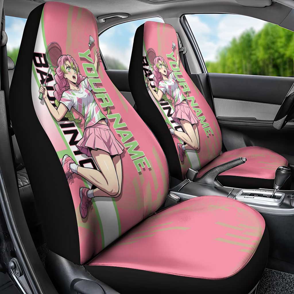 Personalized Mitsuri Kanroji Demon Slayer Badminton Car Seat Cover with Racket Action Pose and Pink Green Graphic Design - The Mazicc