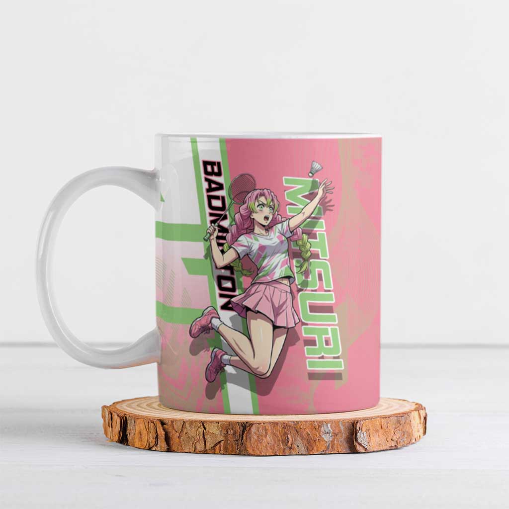 Personalized Mitsuri Kanroji Demon Slayer Badminton Ceramic Mug with Racket Action Pose and Pink Green Graphic Design - The Mazicc