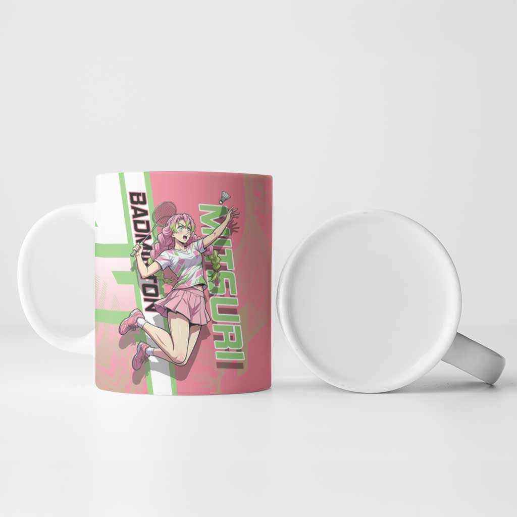 Personalized Mitsuri Kanroji Demon Slayer Badminton Ceramic Mug with Racket Action Pose and Pink Green Graphic Design - The Mazicc