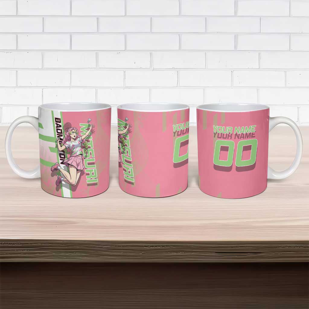 Personalized Mitsuri Kanroji Demon Slayer Badminton Ceramic Mug with Racket Action Pose and Pink Green Graphic Design - The Mazicc