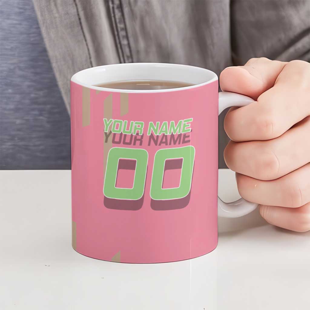 Personalized Mitsuri Kanroji Demon Slayer Badminton Ceramic Mug with Racket Action Pose and Pink Green Graphic Design - The Mazicc