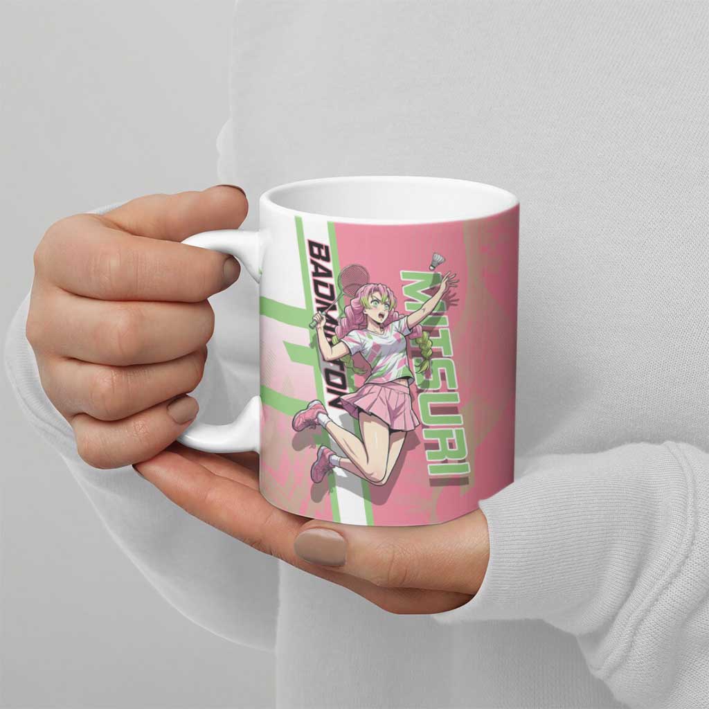 Personalized Mitsuri Kanroji Demon Slayer Badminton Ceramic Mug with Racket Action Pose and Pink Green Graphic Design - The Mazicc