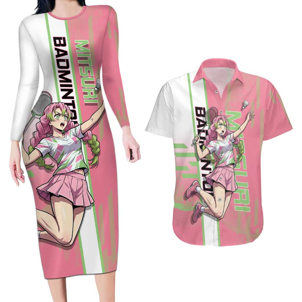 Personalized Mitsuri Kanroji Demon Slayer Badminton Couples Matching Long Sleeve Bodycon Dress and Hawaiian Shirt with Racket Action Pose and Pink Green Graphic Design - The Mazicc