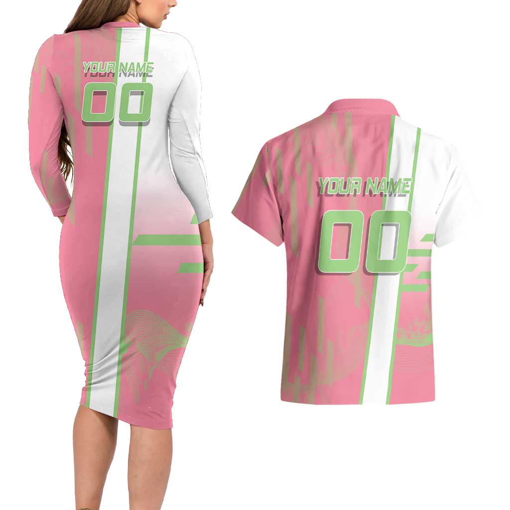 Personalized Mitsuri Kanroji Demon Slayer Badminton Couples Matching Long Sleeve Bodycon Dress and Hawaiian Shirt with Racket Action Pose and Pink Green Graphic Design - The Mazicc