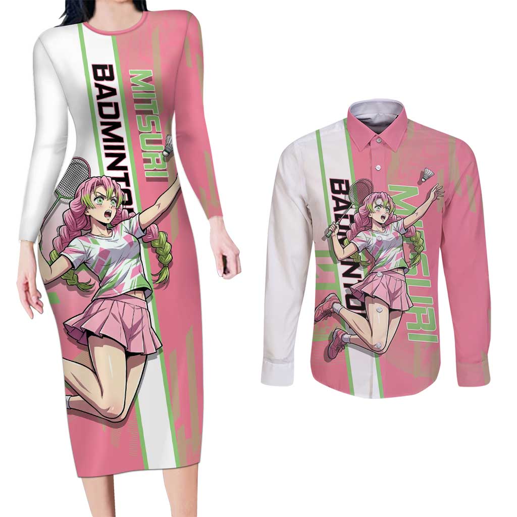 Personalized Mitsuri Kanroji Demon Slayer Badminton Couples Matching Long Sleeve Bodycon Dress and Long Sleeve Button Shirt with Racket Action Pose and Pink Green Graphic Design - The Mazicc
